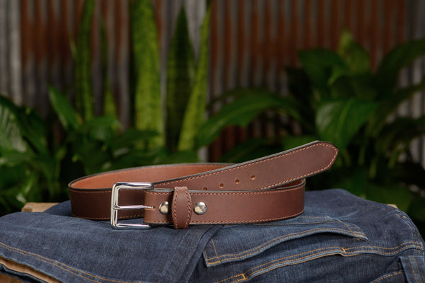 SPECIAL OFFER The Lakota: Brown Stitched Water Buffalo With Snaps 1.50" - Amish Made Belts