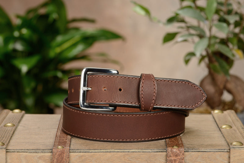 SPECIAL OFFER The Lakota: Brown Stitched Water Buffalo With Snaps 1.50" - Amish Made Belts