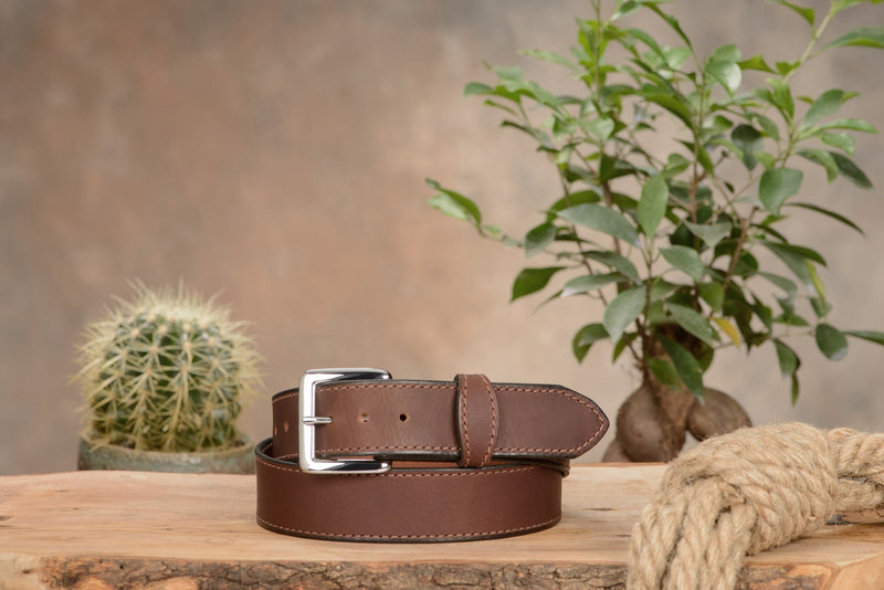 SPECIAL OFFER The Lakota: Brown Stitched Water Buffalo With Snaps 1.50" - Amish Made Belts