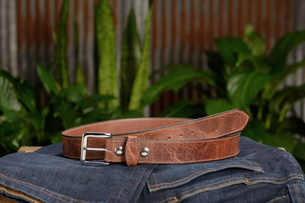 SPECIAL OFFER The Lakota: Rustic Brown Stitched Water Buffalo With Snaps 1.50" - Amish Made Belts