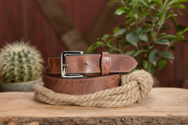 SPECIAL OFFER The Lakota: Rustic Brown Stitched Water Buffalo With Snaps 1.50" - Amish Made Belts