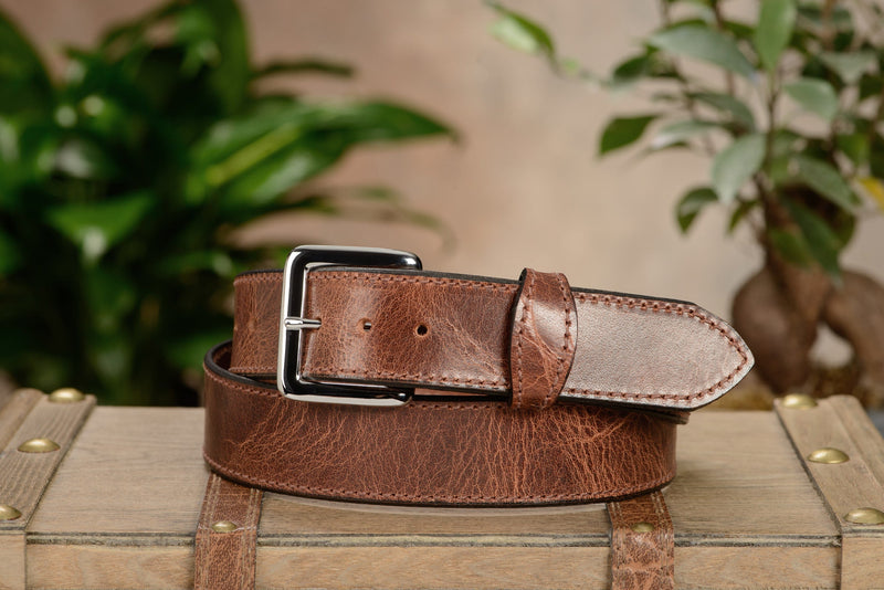 SPECIAL OFFER The Lakota: Rustic Brown Stitched Water Buffalo With Snaps 1.50" - Amish Made Belts