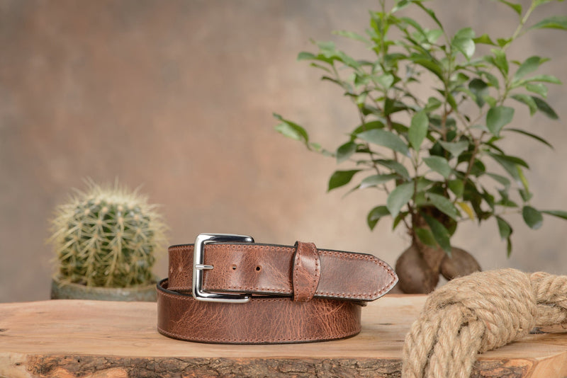 SPECIAL OFFER The Lakota: Rustic Brown Stitched Water Buffalo With Snaps 1.50" - Amish Made Belts