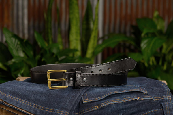 The Maverick: Men's Black Stitched Leather Belt With Brass 1.50" - Amish Made Belts
