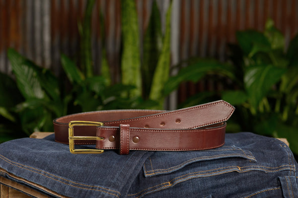 The Maverick: Brown Stitched Leather Belt With Brass 1.50" - Amish Made Belts