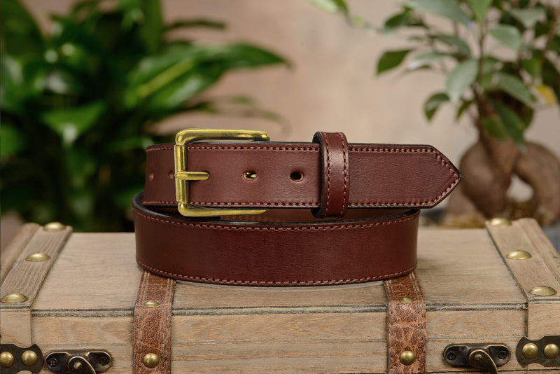 The Maverick: Brown Stitched Leather Belt With Brass 1.50" - Amish Made Belts