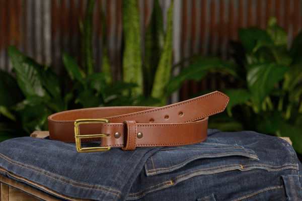 The Maverick: Caramel Tan Stitched Leather Belt With Brass 1.50" - Amish Made Belts