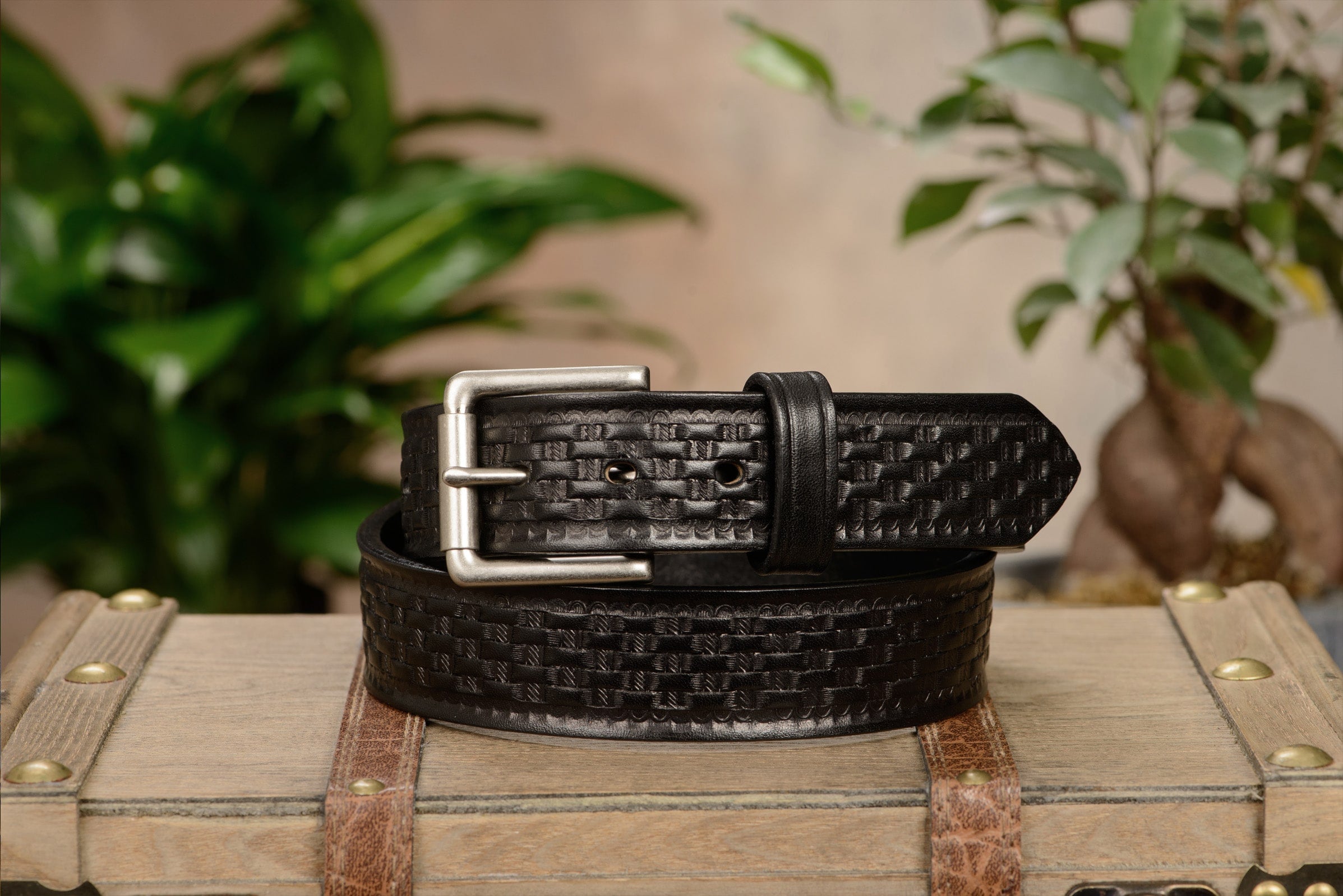 The Maverick Men's Black Basket Weave Leather Belt 1.50