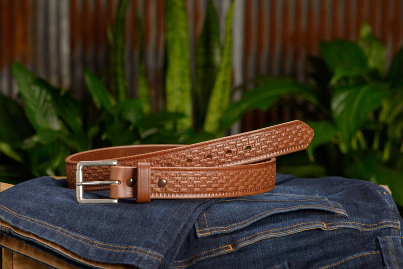The Maverick: Men's Caramel Tan Basket Weave Leather Belt 1.50" - Amish Made Belts