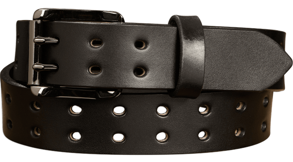 The Holey Bull: Black Non Stitched Double Prong With Gunmetal Roller 1.50" - Amish Made Belts