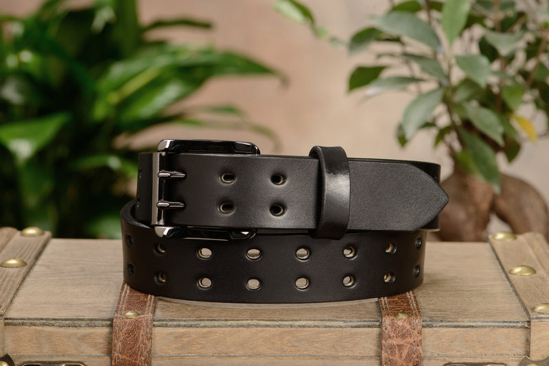 The Holey Bull: Black Non Stitched Double Prong With Gunmetal Roller 1.50" - Amish Made Belts