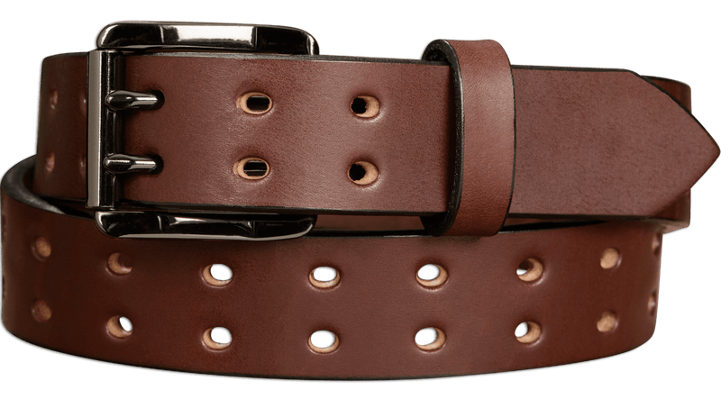The Holey Bull: Brown Non Stitched Double Prong With Gunmetal Roller 1.50" - Amish Made Belts