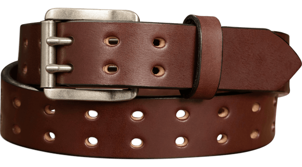 The Holey Bull: Brown Non Stitched Double Prong With Nickel Roller 1.50" - Amish Made Belts