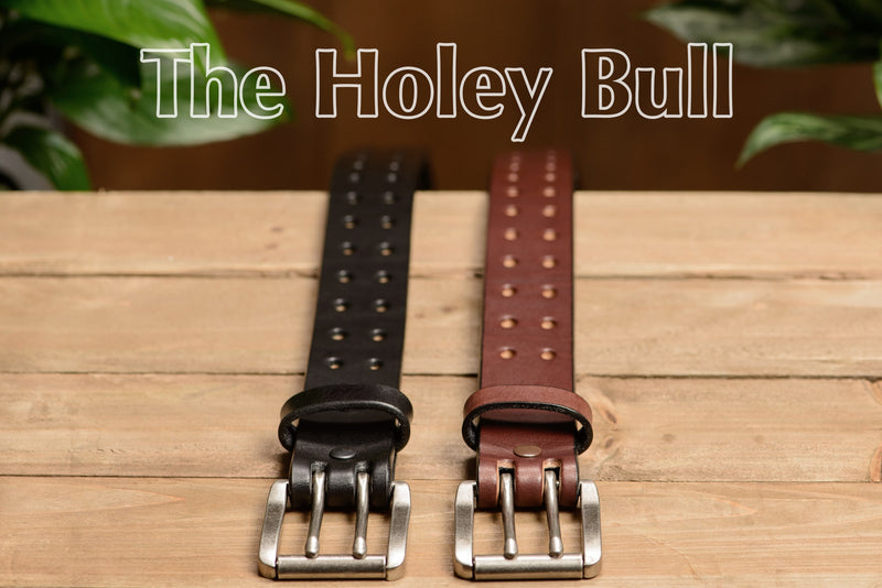 The Holey Bull: Brown Non Stitched Double Prong With Nickel Roller 1.50" - Amish Made Belts
