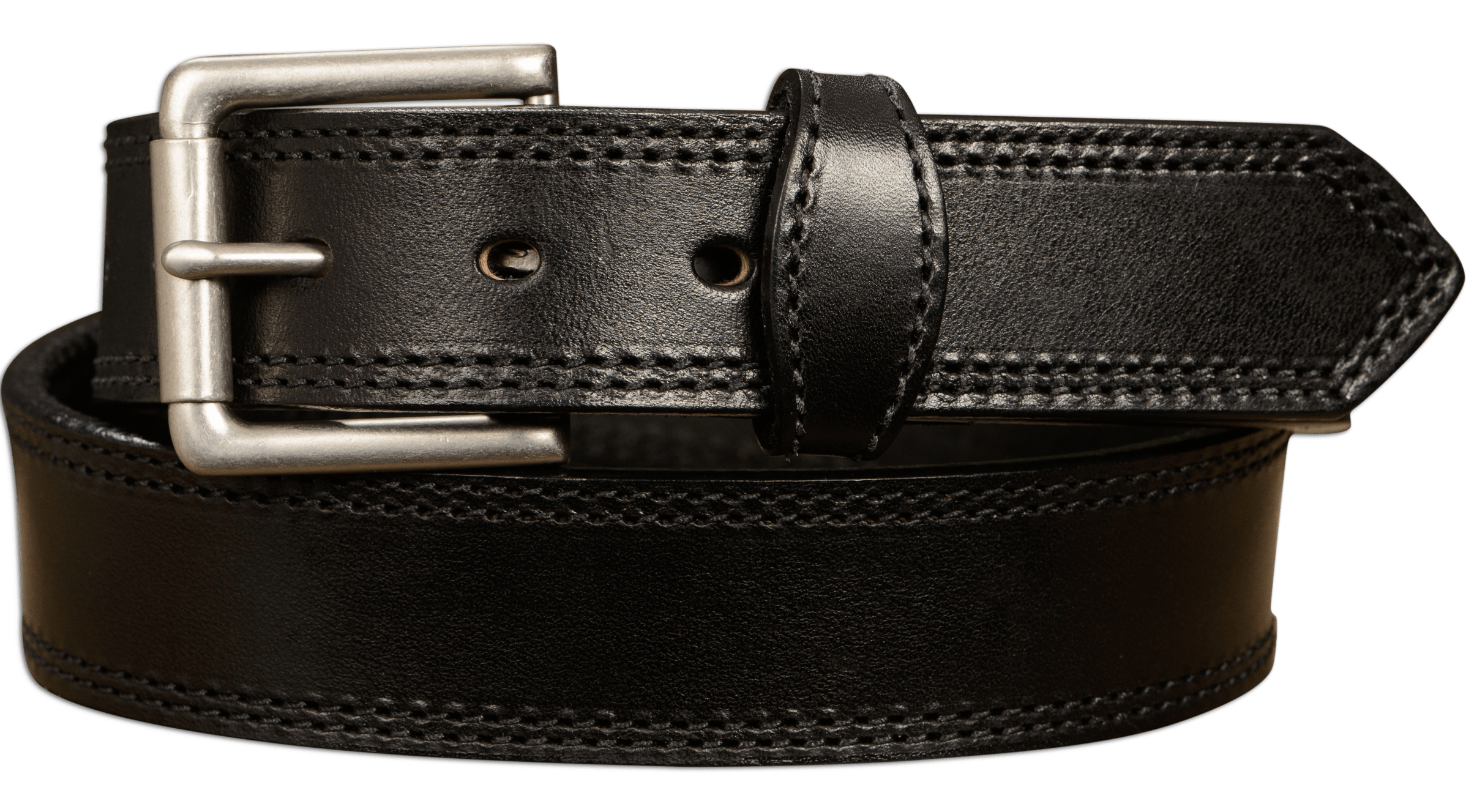Mens Black Leather Belt with Double Stitching 3/16” thick