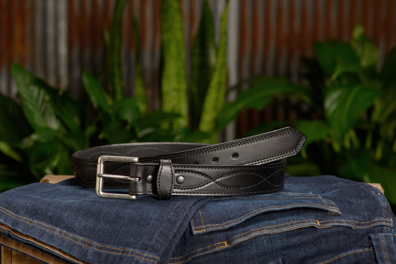 The Maverick: Men's Black Figure 8 Stitched Leather Belt With Black Thread 1.50" - Amish Made Belts