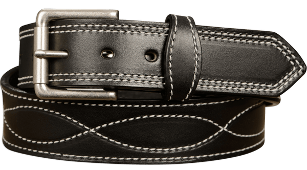 The Maverick: Men's Black Figure 8 Stitched Leather Belt With White Thread 1.50" - Amish Made Belts
