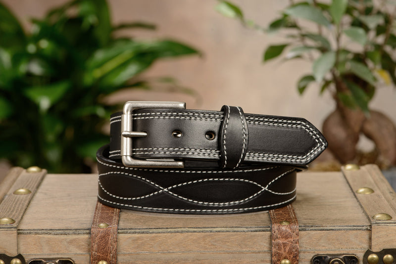 The Maverick: Men's Black Figure 8 Stitched Leather Belt With White Thread 1.50" - Amish Made Belts