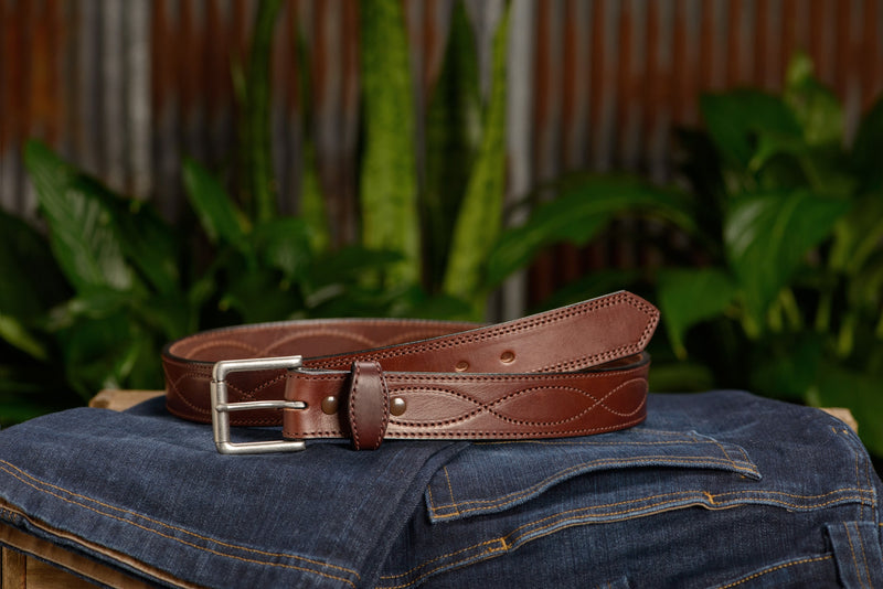 The Maverick: Men's Brown Figure 8 Stitched Leather Belt With Brown Thread 1.50" - Amish Made Belts