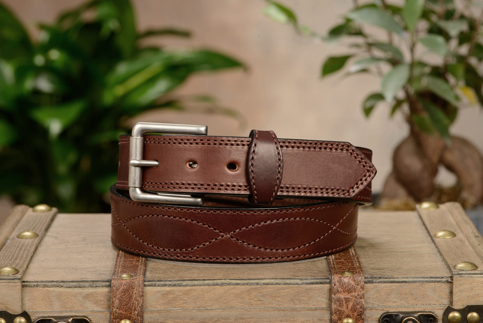 Men's Brown Figure 8 Stitched Leather Belt - The Maverick