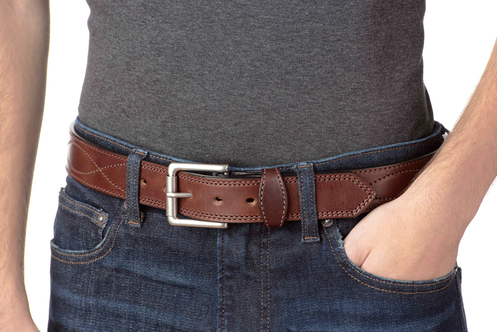 Men's Brown Figure 8 Stitched Leather Belt - The Maverick