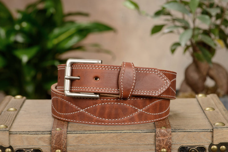 The Maverick: Men's Hot Dipped Tan Figure 8 Stitched Leather Belt With White Thread 1.50" - Amish Made Belts