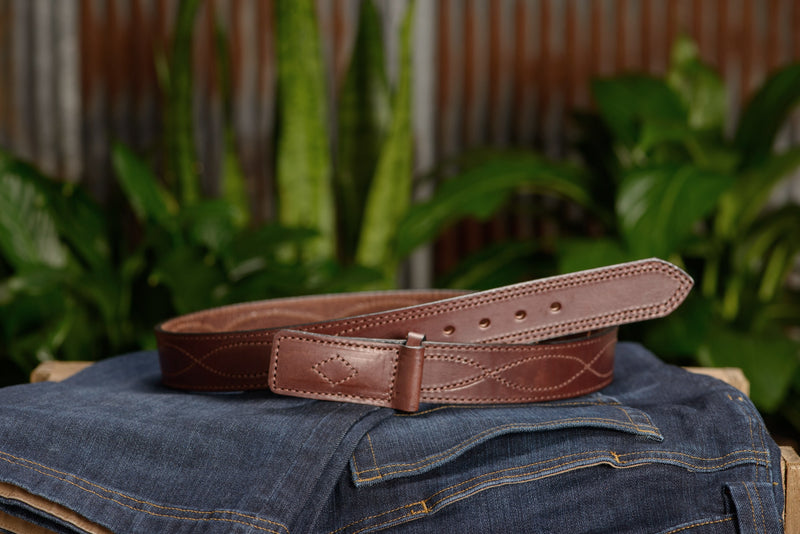 The Pit Boss: Brown Figure 8 Brown Stitched Buckle-less Ball Hook 1.50" - Amish Made Belts