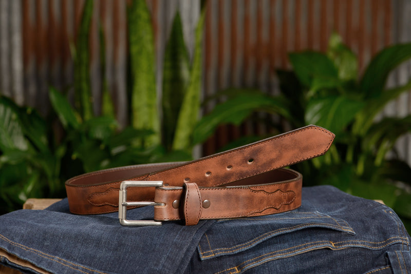The Rockefeller: Brown Stitched Oil Tanned With Scalloped Ends 1.50" - Amish Made Belts
