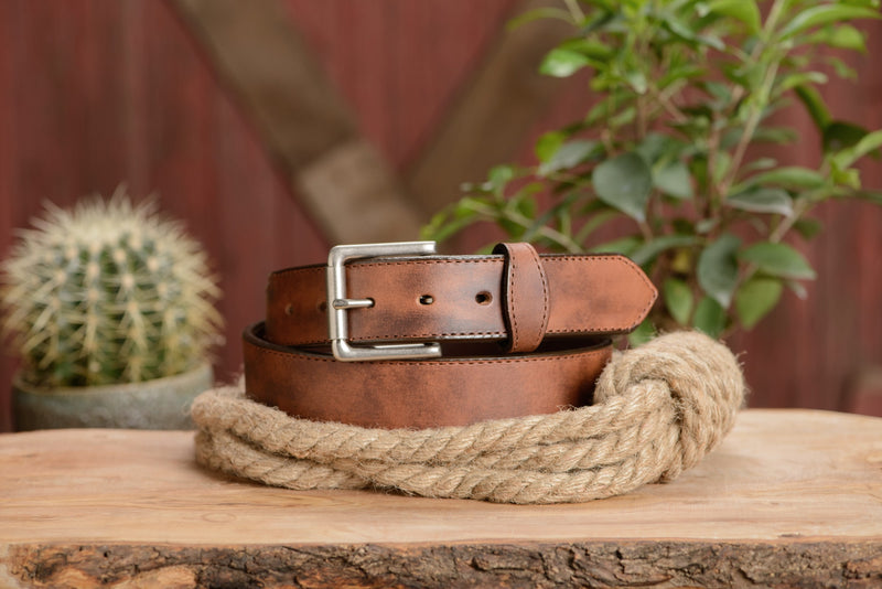 The Rockefeller: Brown Stitched Oil Tanned With Scalloped Ends 1.50" - Amish Made Belts