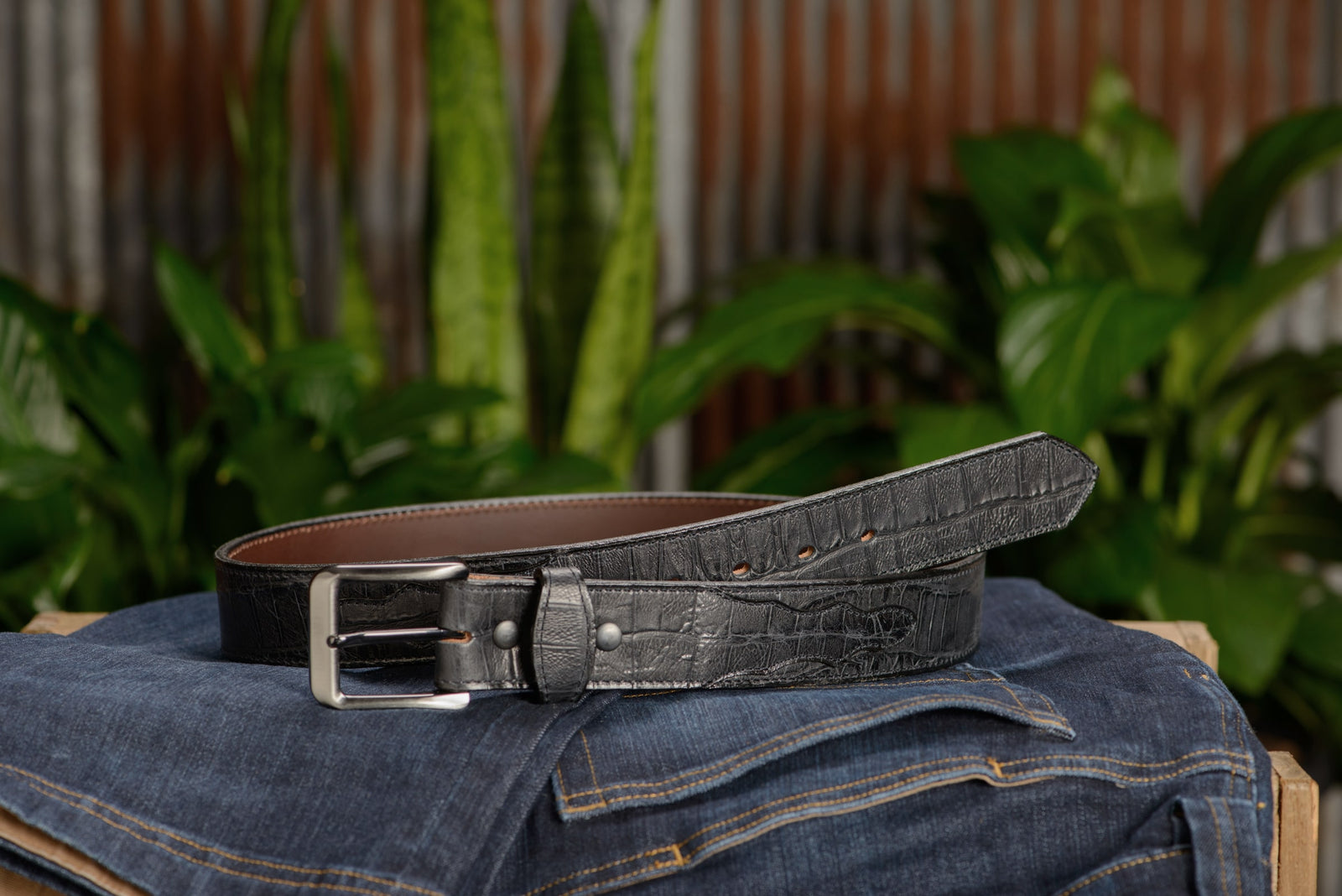 Mens Black Alligator Leather Belt 1.50