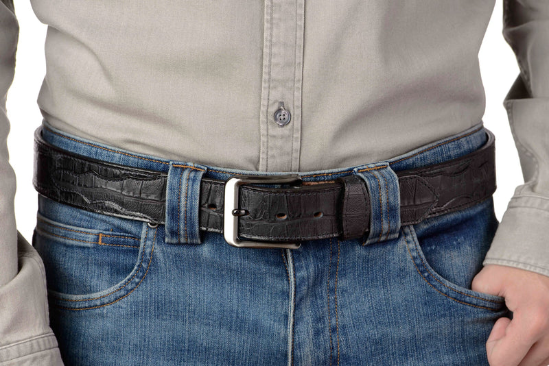 The Chomper: Men's Black Stitched Alligator Design Leather Belt 1.50" - Amish Made Belts