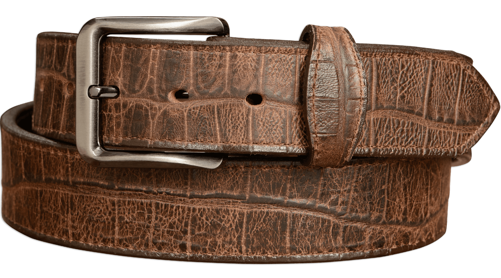 The Chomper: Men's Brown Stitched Alligator Design Leather Belt 1.50 The Chomper: Men's Brown Stitched Alligator Design Leather Belt 1.50