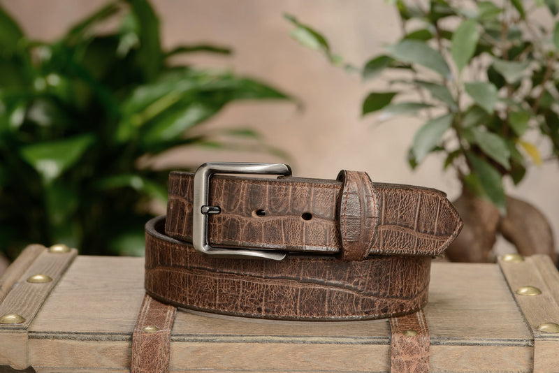 The Chomper: Men's Brown Stitched Alligator Design Leather Belt 1.50" - Amish Made Belts