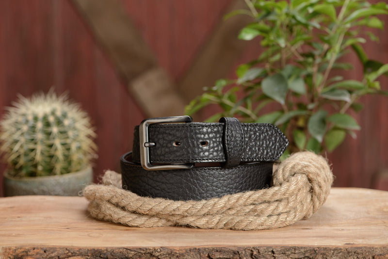 The Forester: Men's Black Stitched American Bison With Scalloped Ends Leather Belt 1.50" - Amish Made Belts