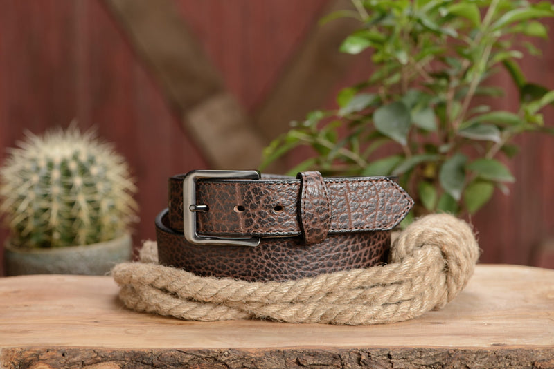 The Forester: Men's Brown Stitched American Bison With Scalloped Ends Leather Belt 1.50" - Amish Made Belts