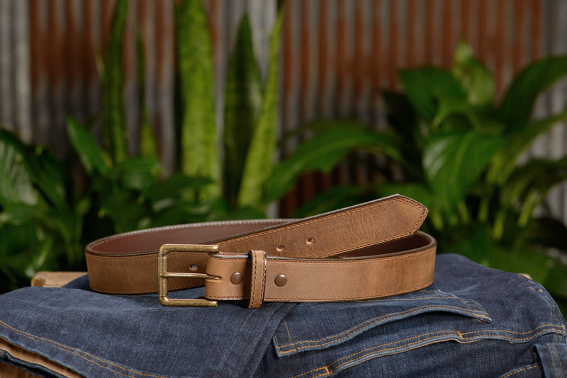 The Rockefeller: Rustic Tan Stitched Oil Tanned 1.50" - Amish Made Belts
