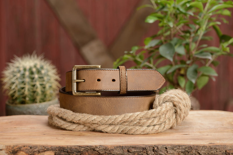 The Rockefeller: Rustic Tan Stitched Oil Tanned 1.50" - Amish Made Belts