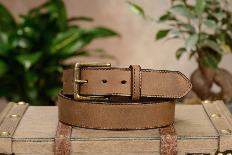 The Rockefeller: Rustic Tan Stitched Oil Tanned 1.50" - Amish Made Belts