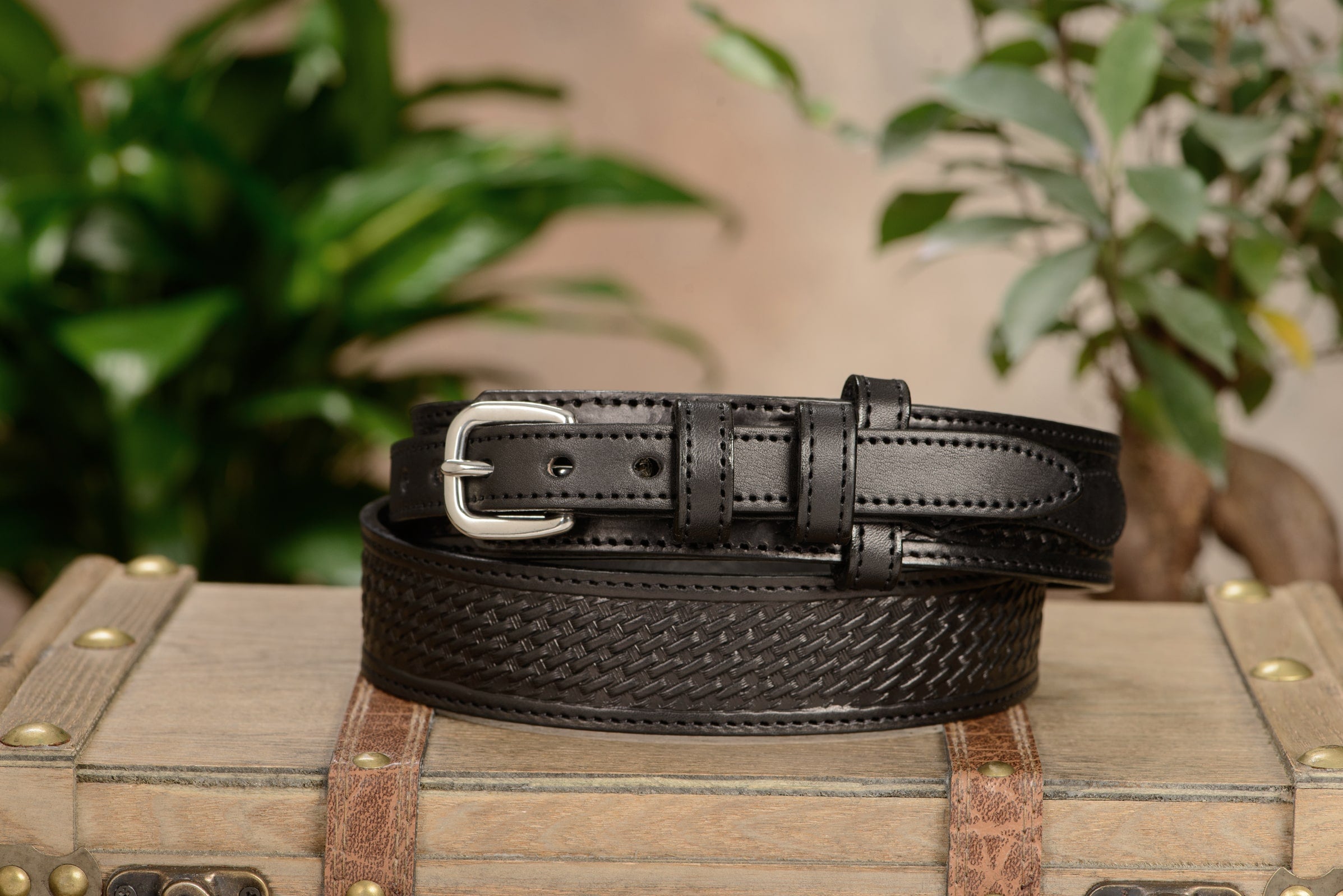 Mens Black Stitched Basket Weave Ranger Belt 1.50"