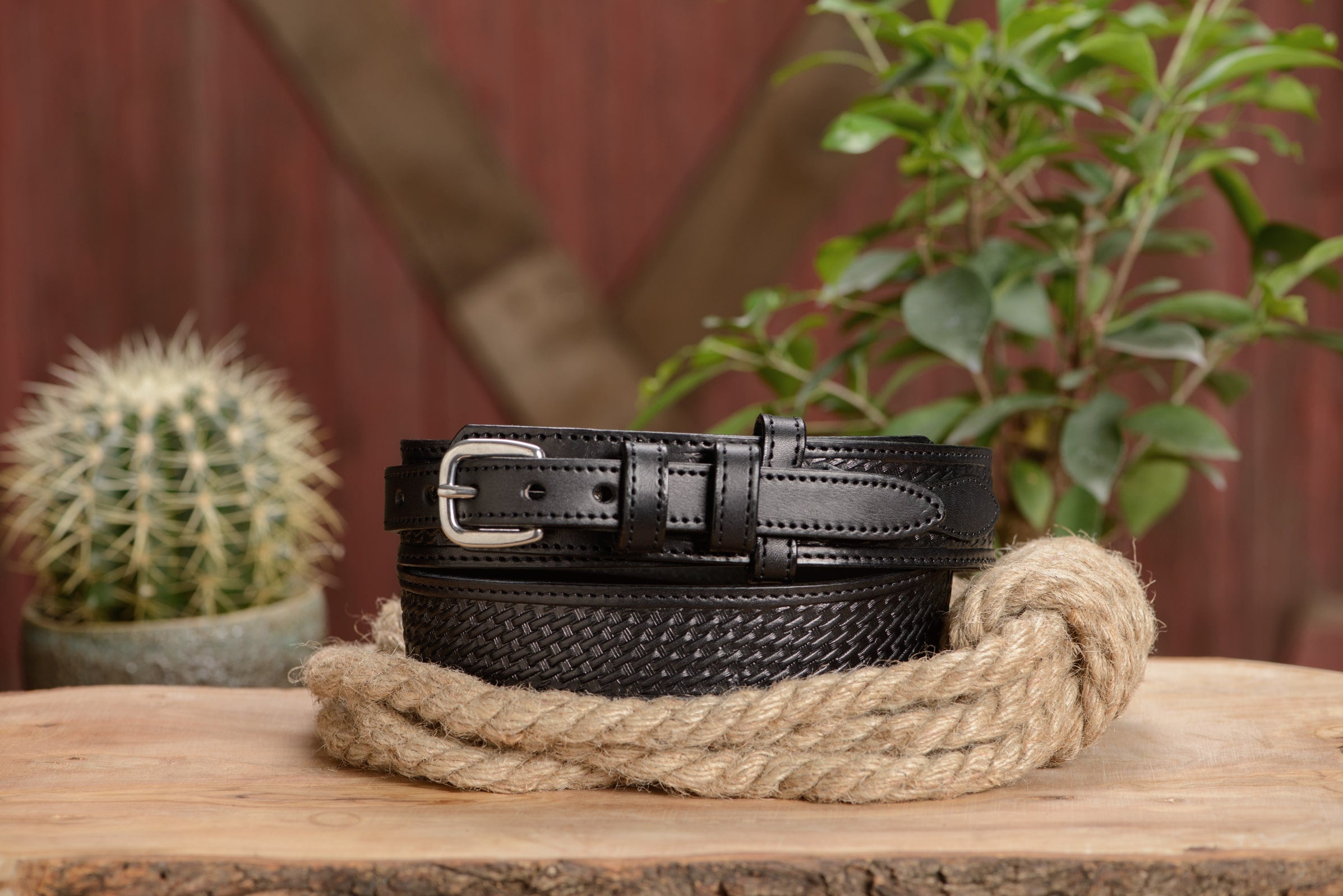 Mens Black Stitched Basket Weave Ranger Belt 1.50"