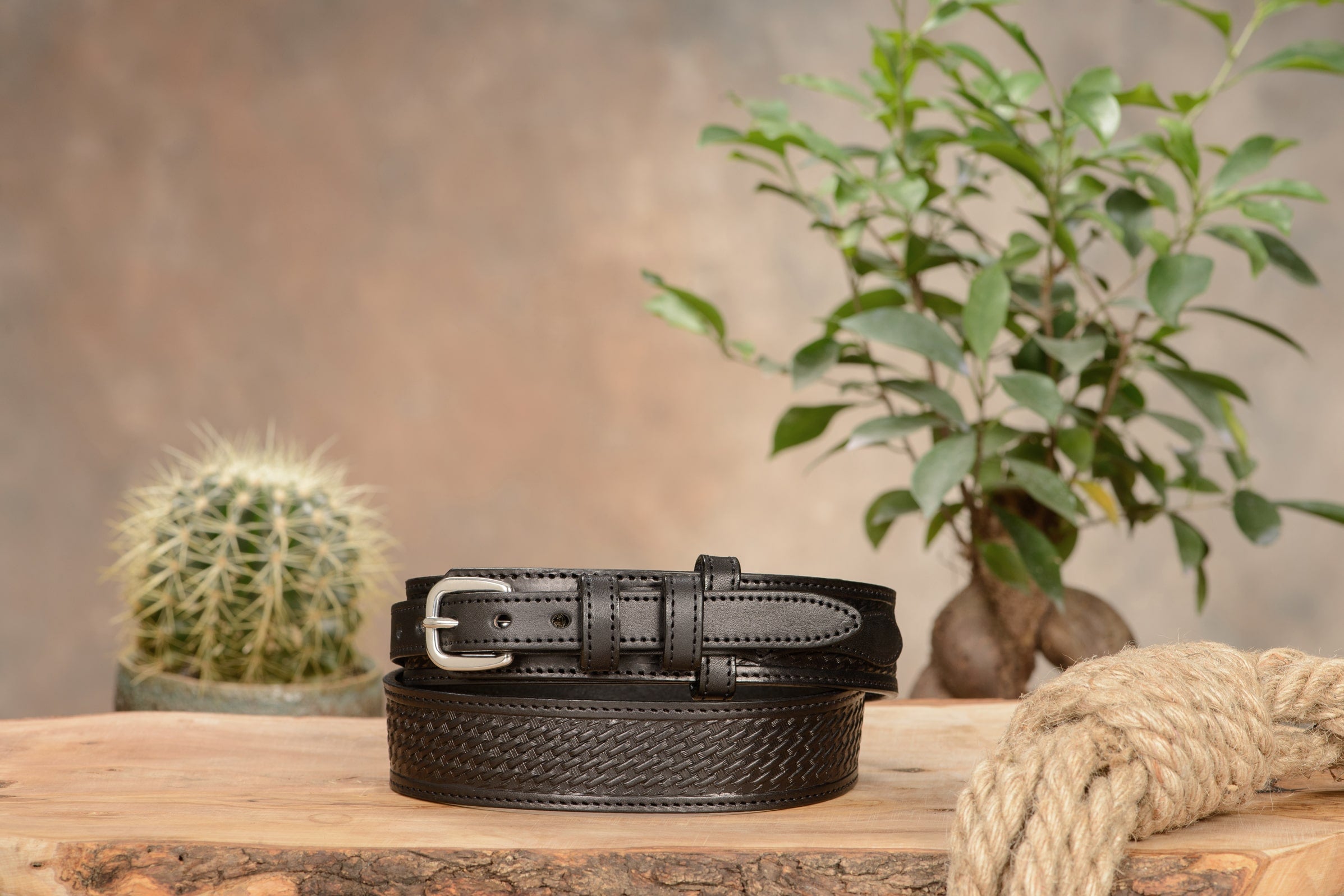 Mens Black Stitched Basket Weave Ranger Belt 1.50