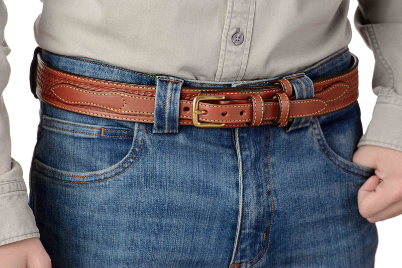 The Walker: Chestnut Brown Stitched Basket Weave Ranger 1.50" - Amish Made Belts