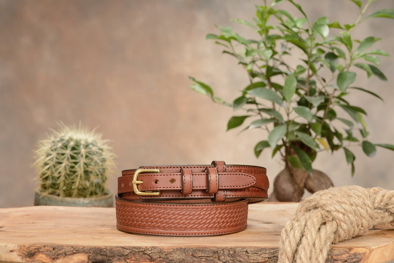 The Walker: Medium Brown Stitched Basket Weave Ranger 1.50" - Amish Made Belts