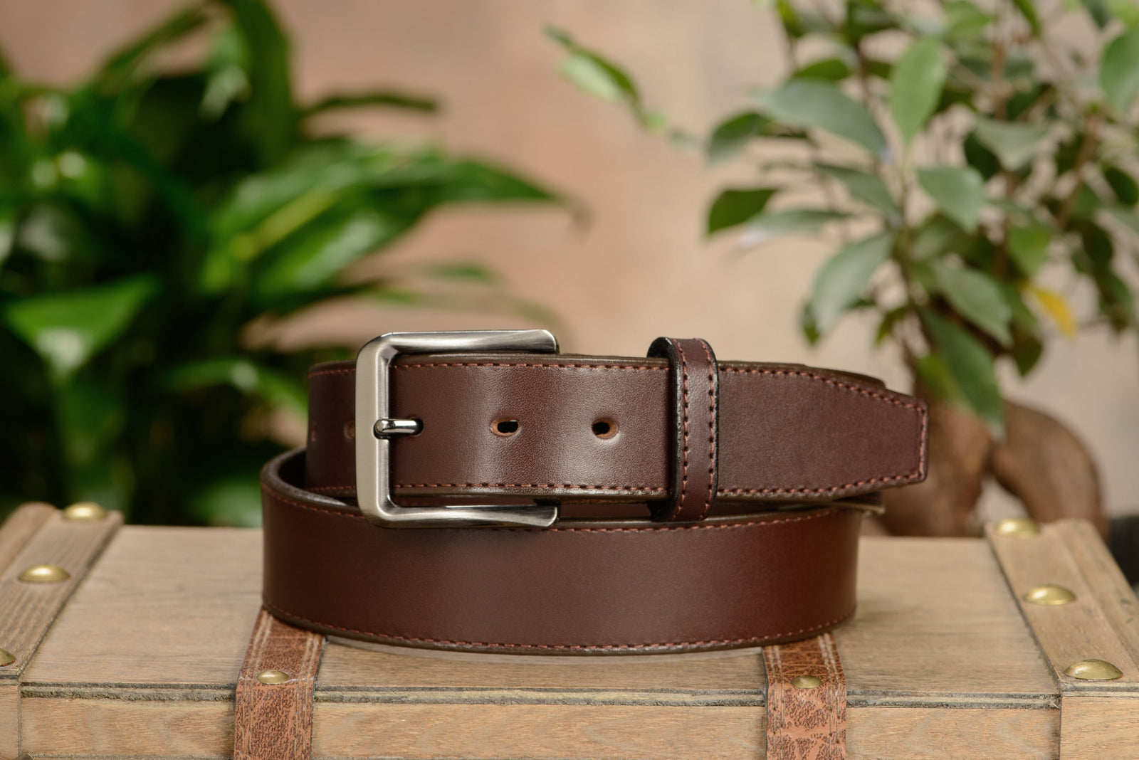 Men's Brown Stitched Italian Leather Belt - The Stallion 1.50
