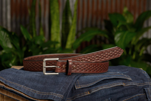 The Maverick: Brown Stitched Basket Weave 1.50" - Amish Made Belts