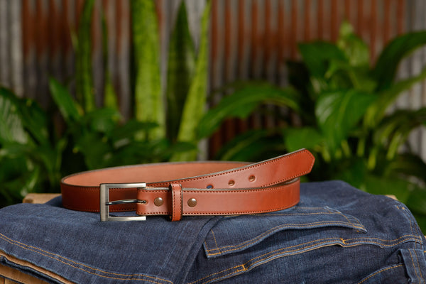 The Admiral: Men's Medium Brown Stitched Leather Belt 1.19" - Amish Made Belts