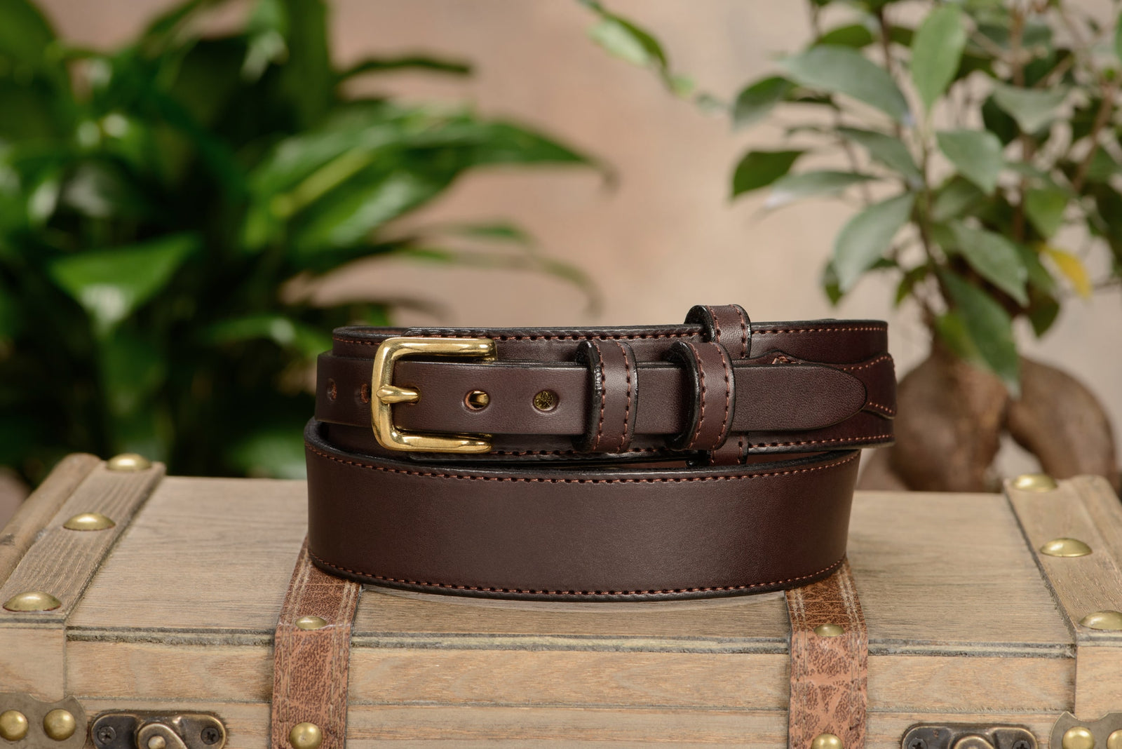 Men's Brown Stiched Ranger Leather Belt - The Walker 1.50