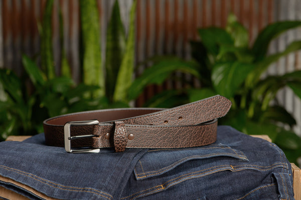 The Forester: Men's Brown Stitched American Bison Leather Belt 1.50" - Amish Made Belts