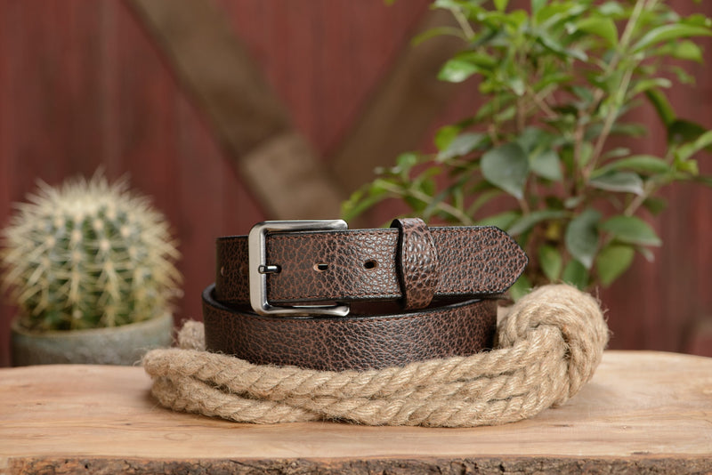 The Forester: Men's Brown Stitched American Bison Leather Belt 1.50" - Amish Made Belts