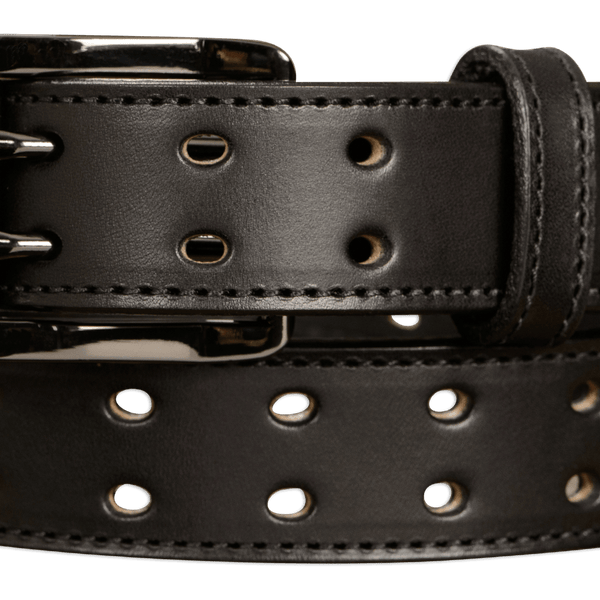 Men's Black Leather Belt With Double Prong Nickle Buckle